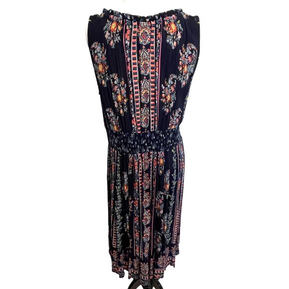 BILA Boho Midi Dress Womens Large Navy Floral Smocked Tasseled Peasant Folk - Picture 6 of 11